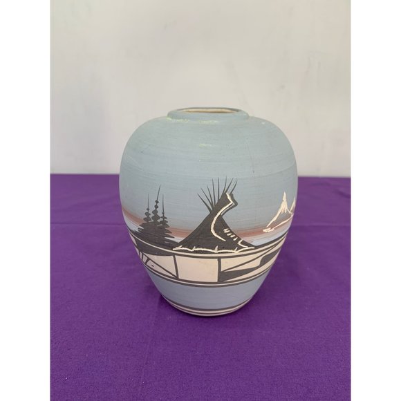 Native American Handmade Pottery Signed Todiic Wiind Southwestern 5" Vase Blue B - Picture 5 of 14